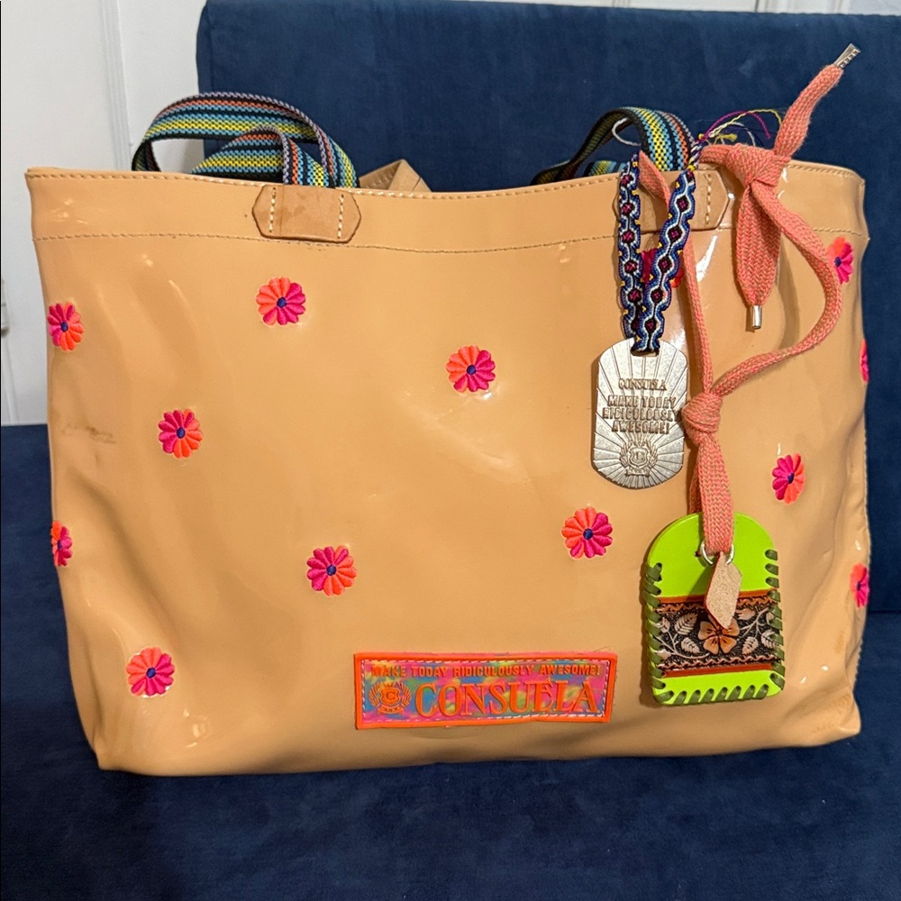Consuela Tan Bag with Pink and Orange Floral Accents